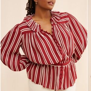 Striped Red Balloon Sleeve Buttoned Top